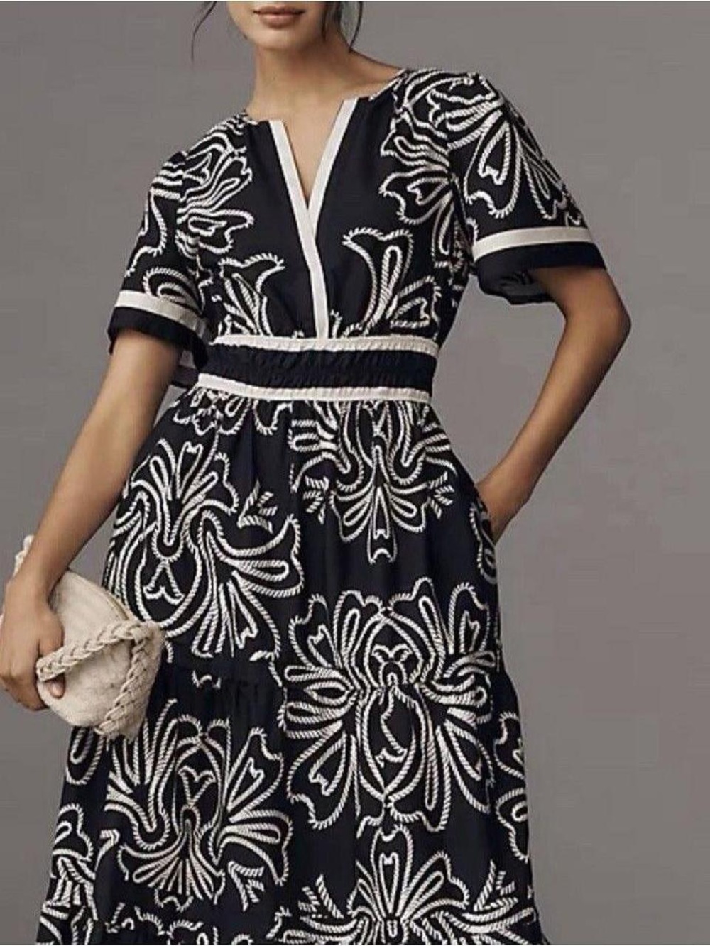 Anthropologie Somerset Black Embroidered V-Neck Dress with White Detailing